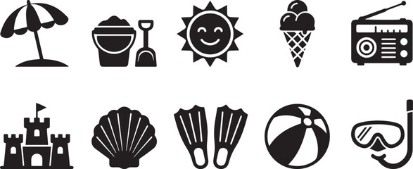 Summer Vacation Icons Set, Beach Holiday Travel Symbols, Umbrella, Sand Bucket, Sun, Ice Cream, Radio, Sandcastle, Seashell, Snorkeling Vector Collection . © Rizvi