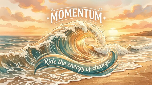 Watercolor illustration of a powerful ocean wave breaking on a sandy beach at sunset, with the words 'MOMENTUM' and 'Ride the energy of change.'