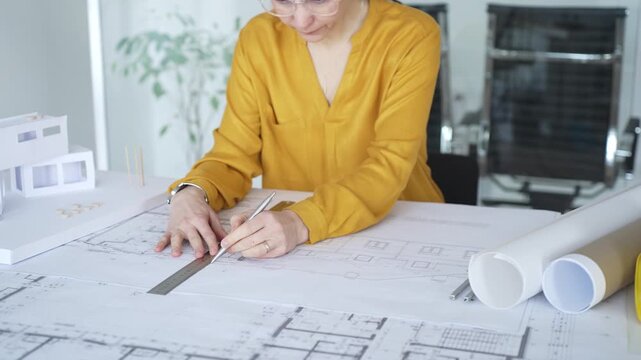 Architect woman designing structural blueprint for new building with floor plan and house model. Architecture and business concept