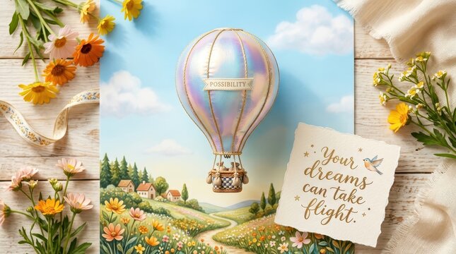 Whimsical hot air balloon with inspirational quote 'Your dreams can take flight' surrounded by flowers and nature