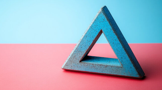 A blue triangular geometric object rests on a red surface against a blue background, creating a minimalist composition.