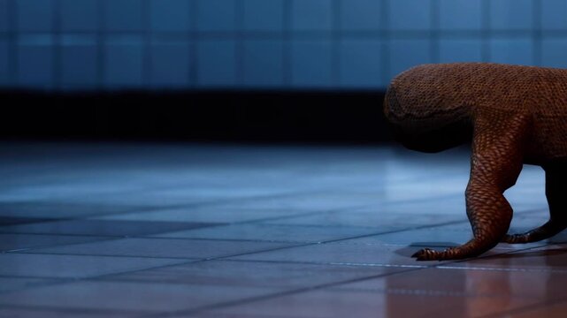 A large lizard moves slowly across a tiled floor in a hallway. The setting is dark, with bright lights reflecting on the tiles. This scene takes place at night.