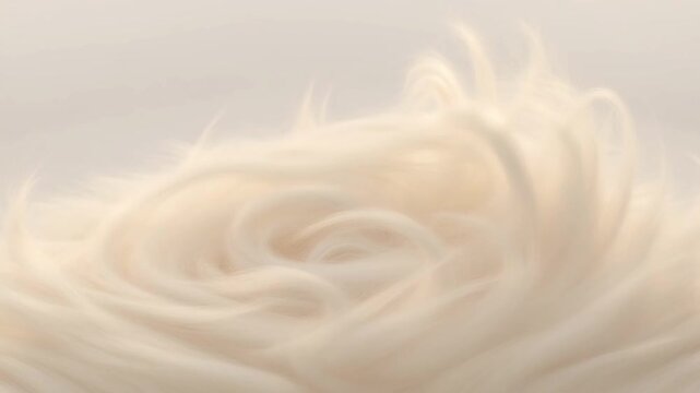 Close up view of soft white wool fibers spinning in a circular motion.