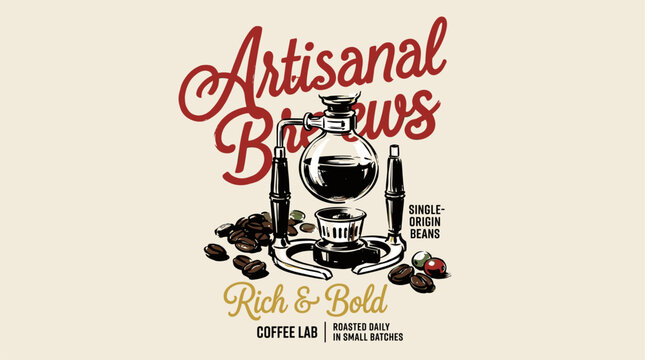 Artisanal brews coffee lab. Siphon brewer vintage artwork. Coffee beans t shirt design.. Vintage c