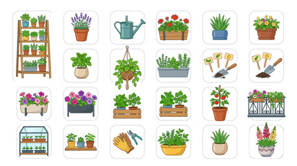 Naklejka premium Gardening icons potted plants, flowers, tools, greenhouse, and horticultural equipment set