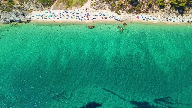 Aerial View of Fava Beach and Rocky Coastline, Sithonia, Greece