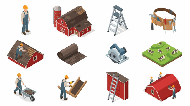 Colorful Isometric Construction Tools and Workers Illustration Set.