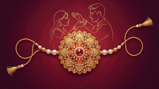 Decorative golden rakhi bracelet with floral motif and red gemstone overlaid on a line sibling raksha bandhan