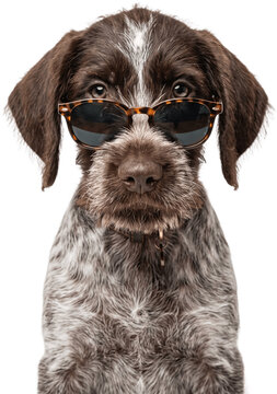 Adorable baby German Wirehaired Pointer Dog wearing sunglasses stands looking forward transparent background