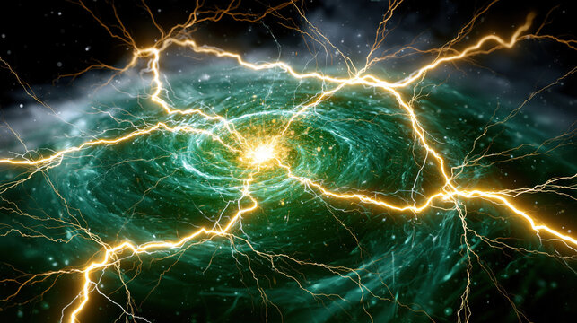 Cosmic storm vortex emerald energy swirl electric lightning glowing abstract space green nebula dynamic power futuristic light cosmic electricity energy explosion sci fi background