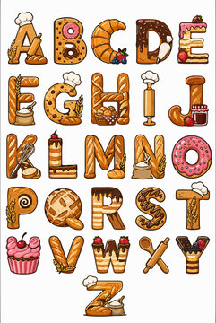 Bakery and pastry themed alphabet set with delicious bread, cakes, cookies, and baking tools vector illustration