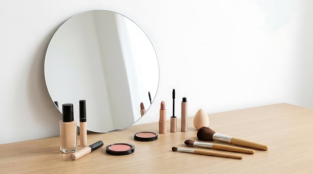 Various makeup products and beauty tools arranged on a wooden table with a round mirror in the background. beginner makeup looks