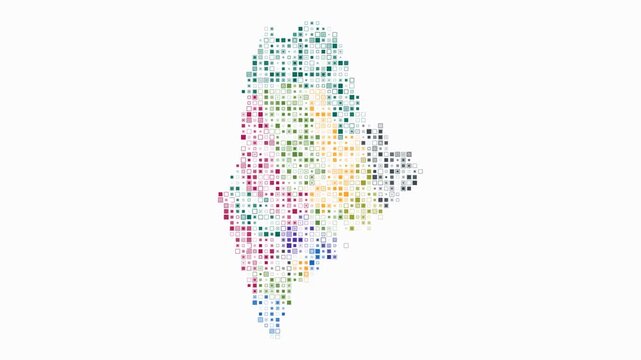 Maine animated shape. Pulsating colored dots on the map of the state. Small size square blocks. Digital style Maine map on white background. Artistic animation video.