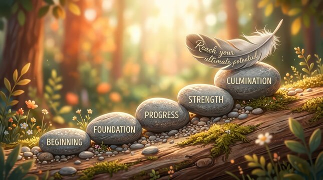 Zen stones symbolizing growth and potential, arranged to show a path from beginning to culmination in a serene forest setting.