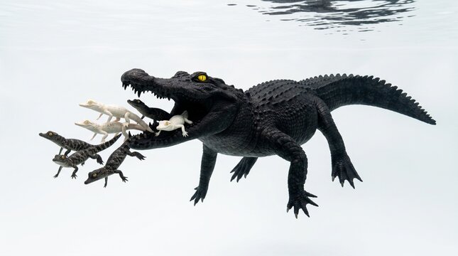 Mother crocodile releasing babies in water
