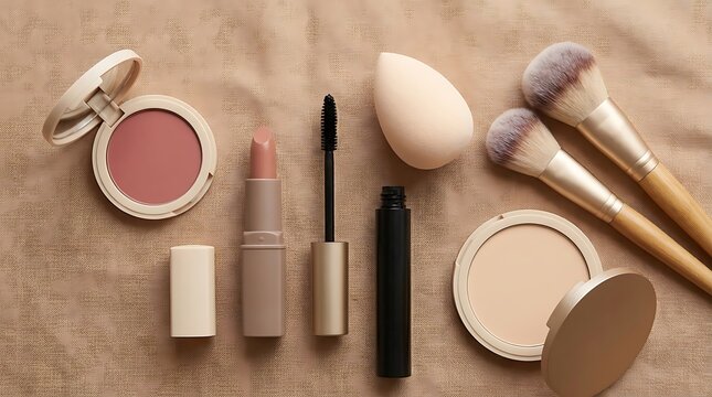 Set of professional makeup tools and beauty products including brushes mascara lipstick and powder compact. beginner makeup looks