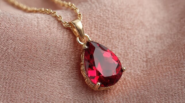 Elegant teardrop ruby pendant necklace resting on soft fabric with luxurious gold finish and intricate design details
