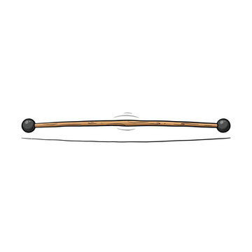 Simple Balancing Tool With A Wooden Pole And Heavy Black Balls On Each Side Resting On A Curved Path, Symbolizing Equilibrium, Vector Illustration