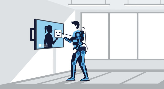 A person in an advanced exoskeleton suit interacts with a large digital screen displaying a human silhouette and a floating emoji face in a modern room.