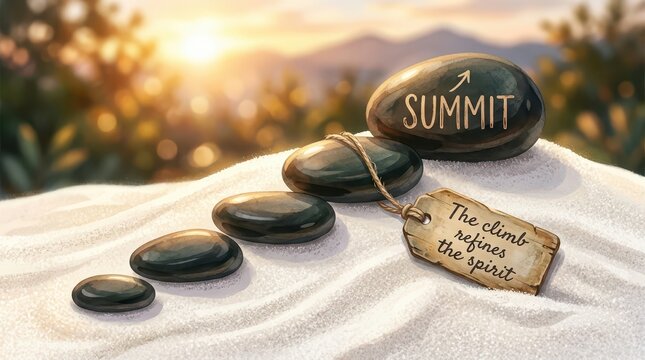 Zen stones arranged in a staircase leading to a summit stone with motivational quote tag symbolizing success and self-reflection