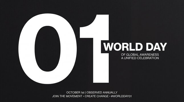 Minimalist graphic design featuring bold number zero one for world day of global awareness celebrating unity and social change observed annually on october first