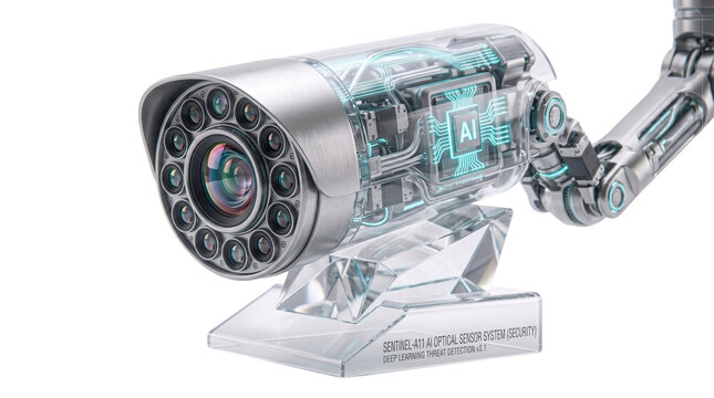 Futuristic AI security camera with transparent glass casing, intelligent surveillance technology with visible microchips, advanced robotic monitoring system