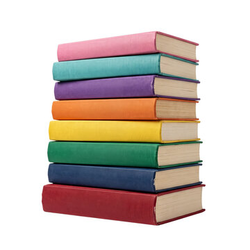 Colorful stack of books with vibrant hardcover spines, rainbow collection of hardback literature, educational library books on white background