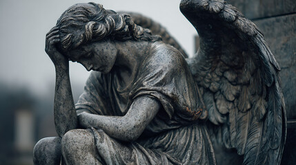 Obraz premium mournful angel statue with wings in a quiet forest cemetery, spiritual sculpture, memorial monument