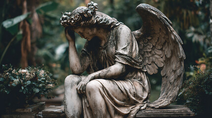 Obraz premium mournful angel statue with wings in a quiet forest cemetery, spiritual sculpture, memorial monument