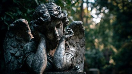 Obraz premium mournful angel statue with wings in a quiet forest cemetery, spiritual sculpture, memorial monument