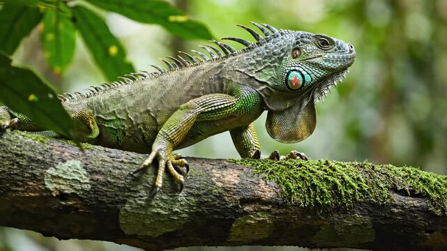 A magnificent green iguana rests upon a mossy branch surrounded by lush tropical vegetation while hunting for food in the wild rainforest habitat during a bright and sunny afternoon in South