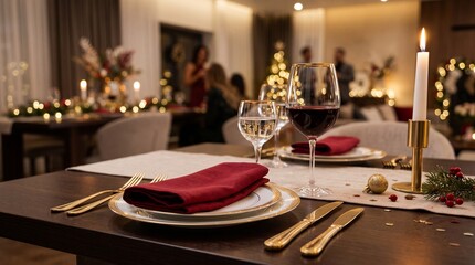 Fototapeta premium Elegant Christmas dinner table setting with red wine glass, candle, and gold cutlery, with people celebrating in blurred background.