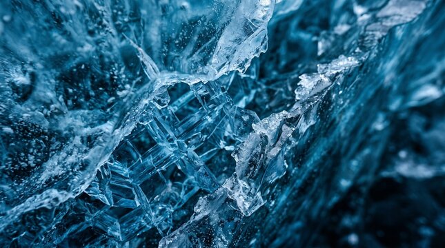 Extreme macro close-up of blue glacial ice crystals and frozen water textures in winter nature.