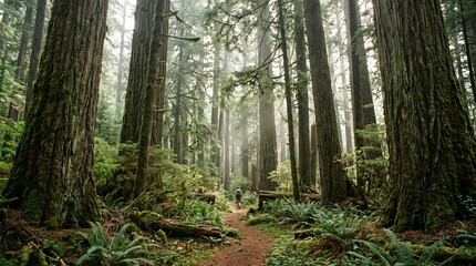 Fototapeta premium Hiker walking on trail through lush green old-growth sequoia forest with massive tree trunks, ferns, and mystical fog.