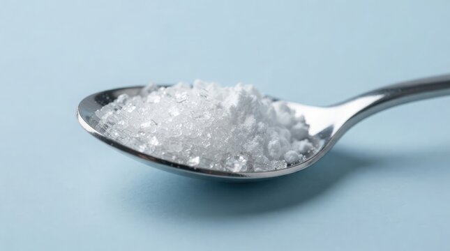 White granulated sugar or salt crystals piled on a metal spoon over a clean light blue background, close-up shot