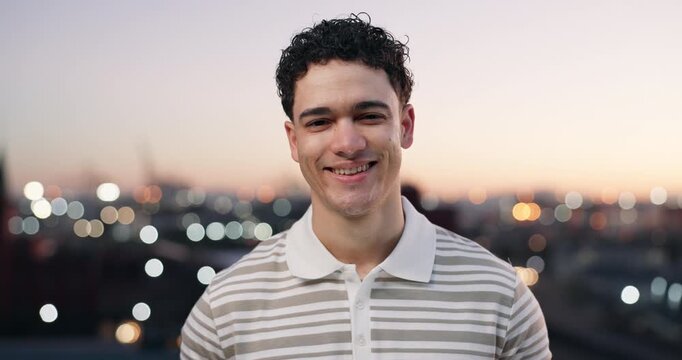 Face, student and man in city at night for travel, tourism and confidence for holiday or college break. Bokeh, portrait and person with smile for vacation, study abroad and relax in evening outdoor