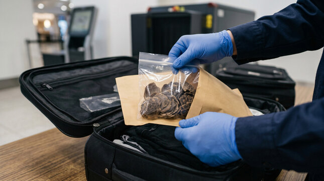 Customs officer confiscating illegal wildlife parts and pangolin scales from passenger baggage