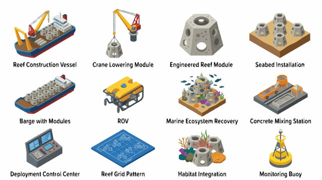 Flat vector icons of construction and marine industry machinery.