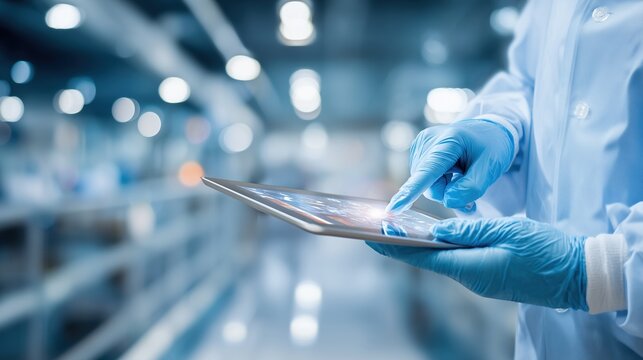 Closeup of doctor hands wearing gloves holding a digital tablet showing medical scans, hospital background