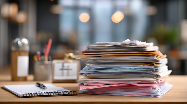 colorful binders and folders stacked on a modern office desk