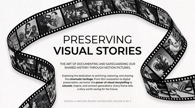 Monochrome film strip bordering informational layout about preserving cinematic history and visual storytelling heritage for future generations in a clean design