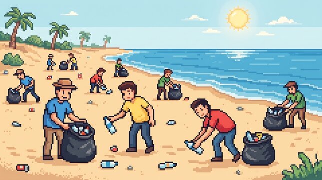 World Cleanup Day Beach Cleanup Volunteers Pixel Art