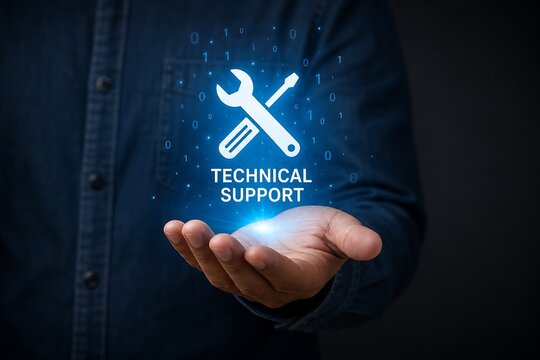 Hand holding glowing technical support icon with wrench and screwdriver on dark background