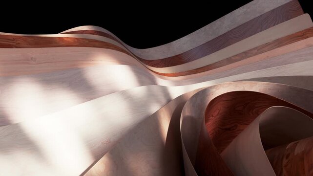 Thin curling sheets of pale wood veneer twist and overlap against a black background in a smooth abstract 3D motion.
