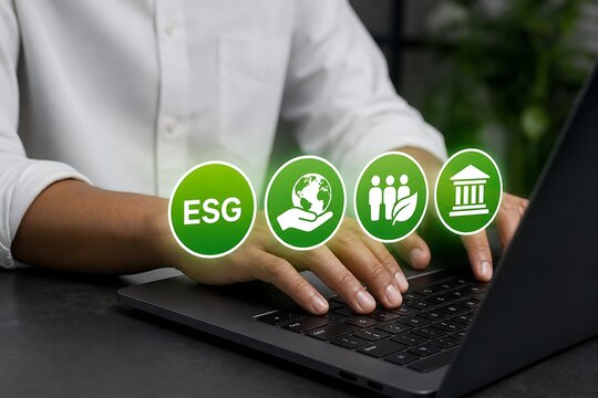 Business person typing on laptop with esg sustainability icons floating above