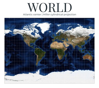 World Map in Miller Cylindrical Projection. Atlantic-centered view with reduced polar exaggeration. High-detail physical map. April View. Elements of this image furnished by NASA.