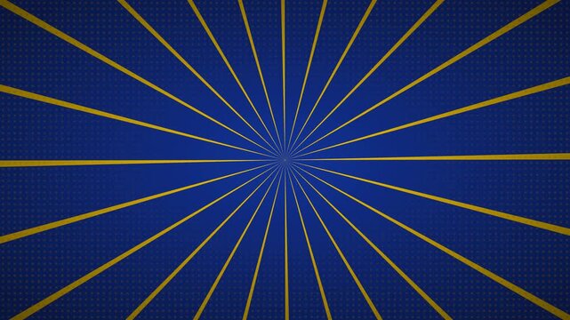 Retro comic book style blue background with gold radial sunburst rays and halftone dot pattern.