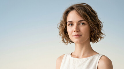 Obraz premium Portrait of a confident beautiful young woman on a sky background perfect for natural lifestyle elegant beauty and clear vision