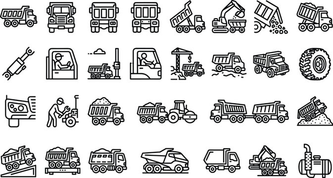 Dump Truck and Construction Machinery Line Icon Set Featuring Heavy Duty Vehicles, Excavators, Tipper Lorries, Mining Equipment, and Building Site Vector Graphics