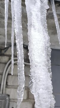Large, textured frozen icicles hang down from a building exterior with a blurred brick wall and cables visible in the background. Concept of freezing winter weather and cold climate.